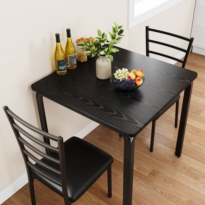 Ensemble table et chaises- Table de cuisine et 2 chaises rembourrées- métal bois -74x74x76cm- Noir