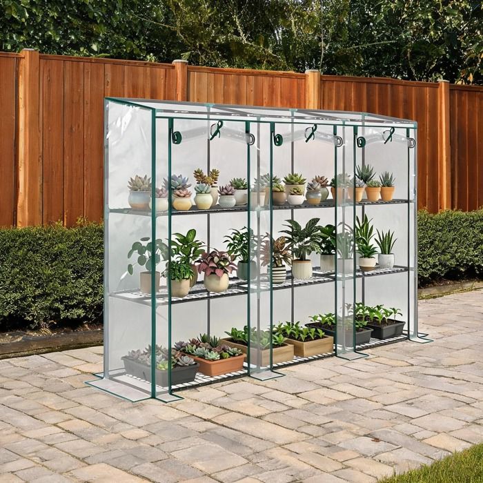 Serre de balcon à 3 étagères en acier et PVC transparent - 215 x 46 x 151 cm