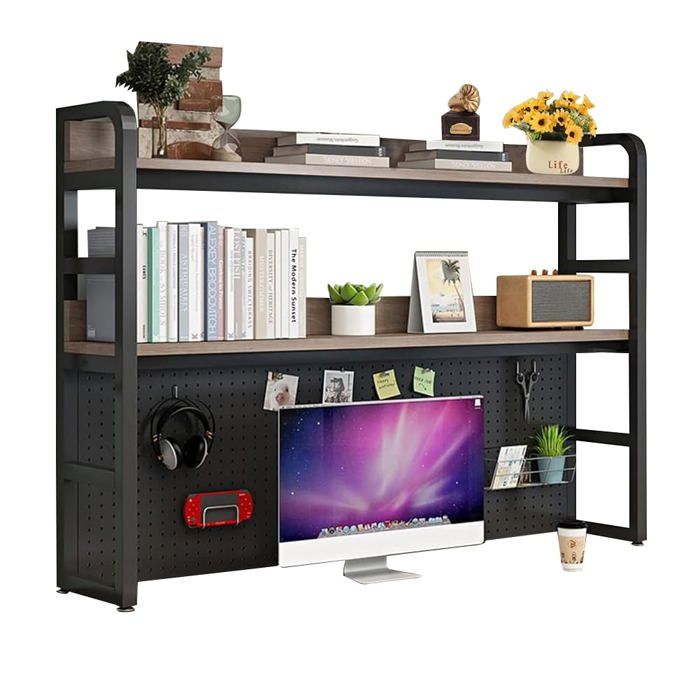 Étagère de bureau compact 3 niveaux réglable structure métal et bois finition noyer foncé – Meuble de classement multifonction