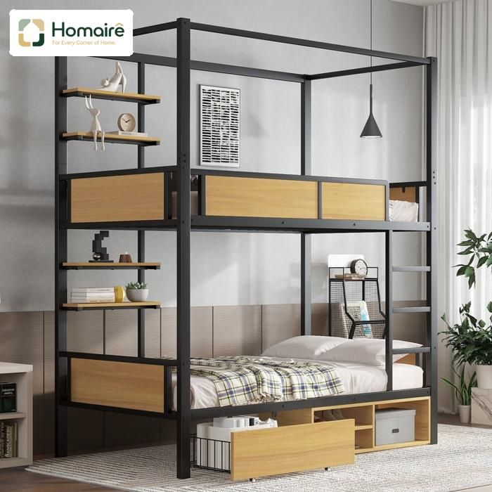 Lit superposé 90x200 cm avec rangement et rail de sécurité Fer MDF Design moderne HOMAIRE