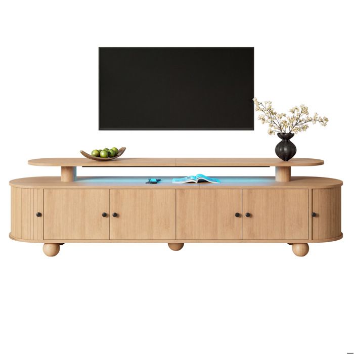 ELVORIN Meuble TV double niveau ovale 180 x 40 x 48 cm MDF aspect bois 6 portes LED dambiance naturel