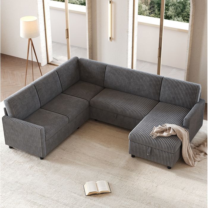 Canapé dangle U convertible avec coffre de rangement canapé-lit en velours côtelé gris 274 x 220 x 85 cm JOINERY
