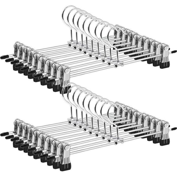 Cintres à Pinces Métal Chromé - Lot de 20 - Pour Pantalons et Jupes - Antidérapants - Gain de Place Dressing