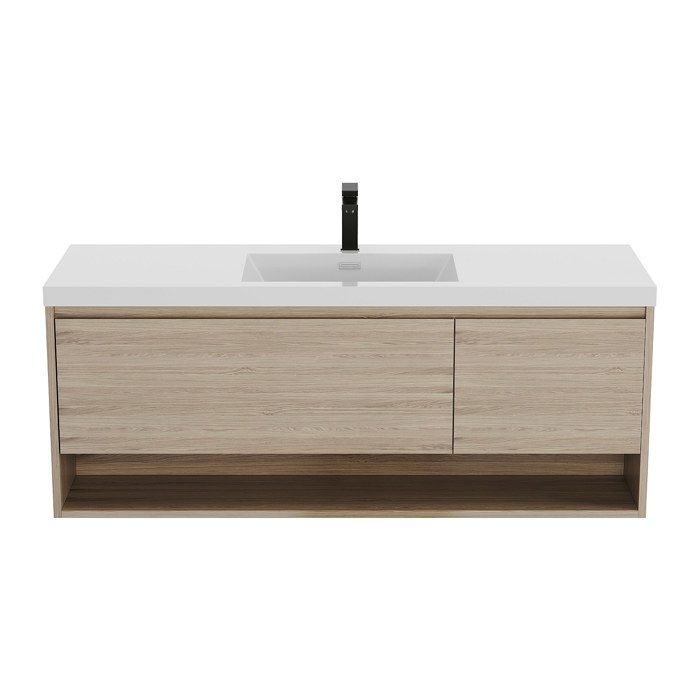Meuble de salle de bain suspendu simple vasque coloris naturel clair avec robinet - 150 cm - PUJUKA