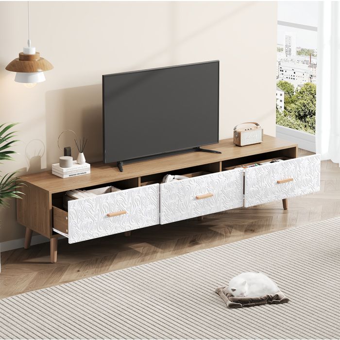 Meuble TV vintage 150 cm blanc bois clair 3 tiroirs style rétro avec rangements et pieds en bois FOLYNA