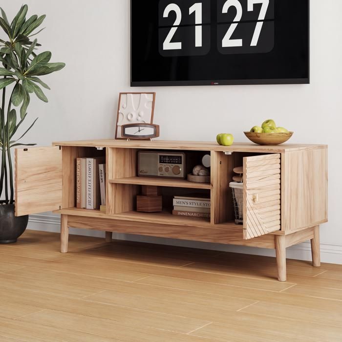 Meuble TV - ZEVKOR - 110 cm - 2 portes - Passe-câbles - Finition chêne