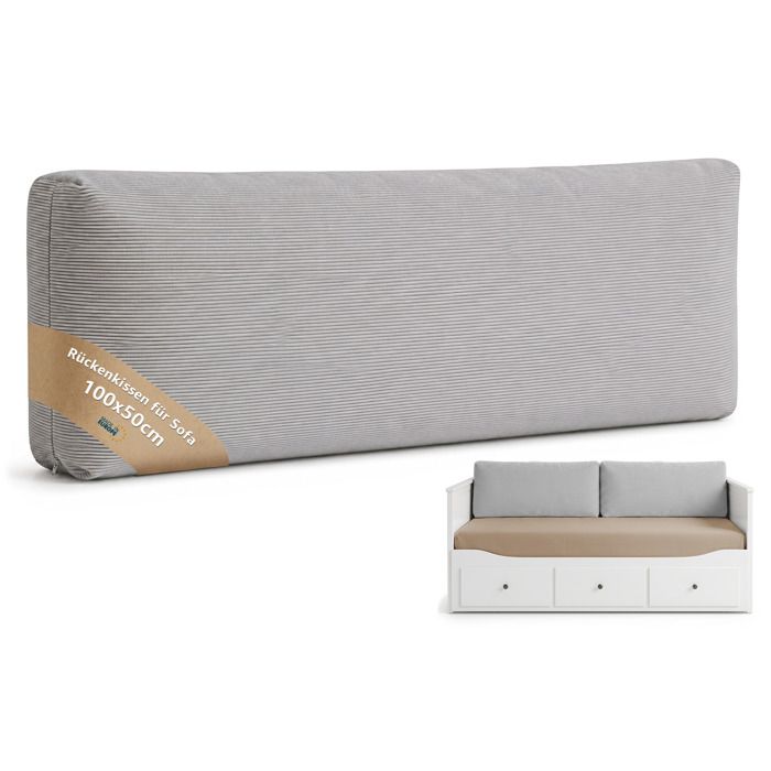 Coussin dossier canapé déhoussable 50 x 100 cm avec garnissage – rectangulaire ferme lavable – Gris clair Velours côtelé
