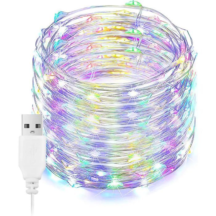 Guirnde lumineuse à LED 100 USB LED lumineuses colorées de 33 pieds guirnde lumineuse argentée intérieure/extérieu LAMPE DECORATIVE