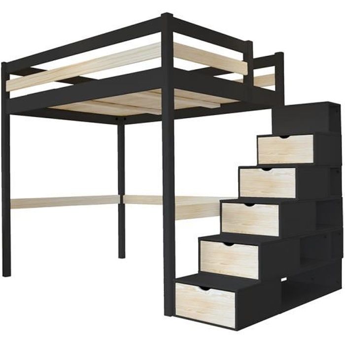 Lit Mezzanine Sylvia Avec Escalier Cube Bois Couleur Noir