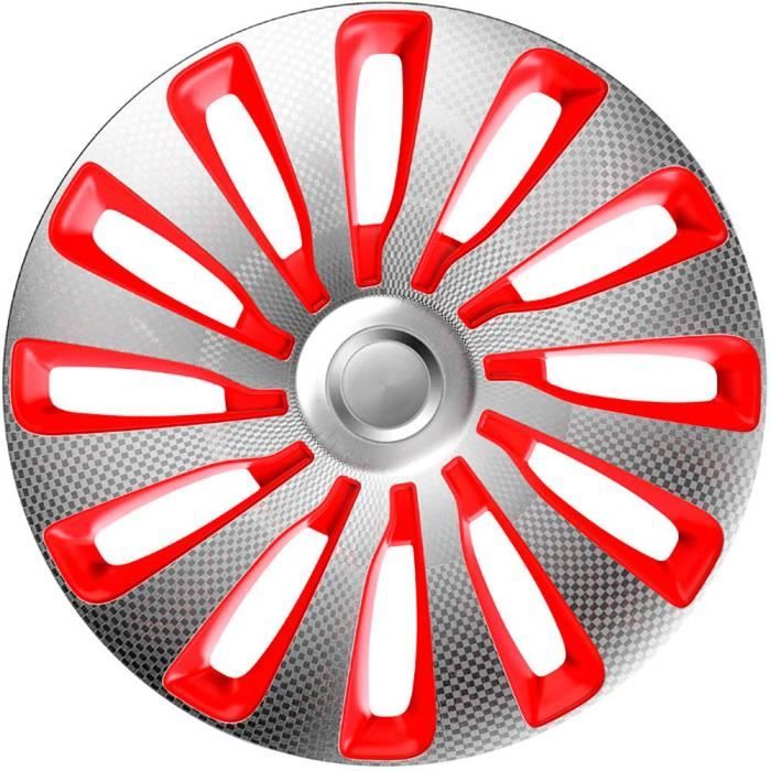 Jeu De 4 Enjoliveurs J-Tec Rosso 15 Pouces - Argent/Noir/Rouge - Plastique ABS, Design Moderne - Pour Voiture