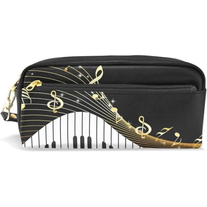 Trousse à Crayons En Cuir Noir Avec Motif Notes De Musique - Fermeture éclair Métal, Dimensions 21 X 5,5 X 5 Cm