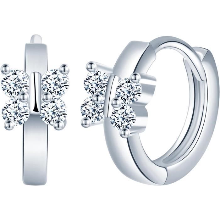 Boucles D'oreilles Créoles En Argent Sterling 925 - Zircon - Rondes - Neuf