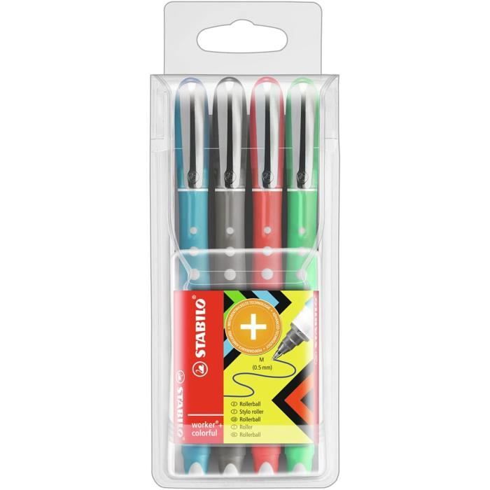 STABILO Pointball - Lot De 4 Stylos Bille Rechargeables - Noir/Bleu/Rouge/Vert - 0,5mm - Éco-responsable