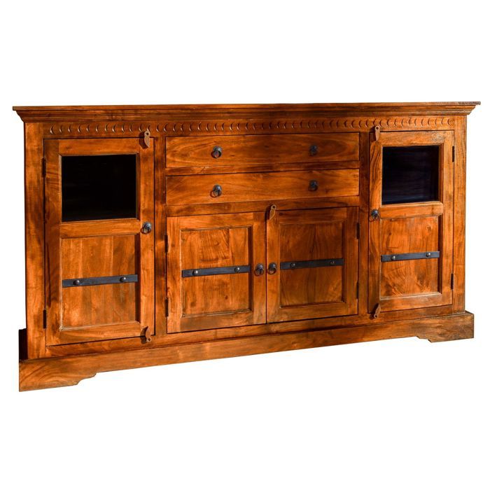 Buffet avec vitrines - Bois massif dacacia laqué (Miel) - Style colonial - OXFORD #0453