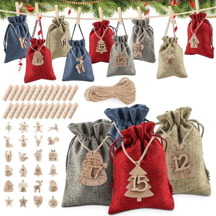 24 Sac en Tissu de Calendrier de l'avent de Noël,DIY Décoration de Noël