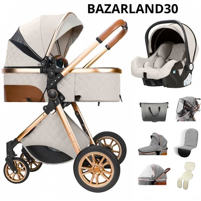 BAZARLAND30 Poussette 3 en 1 Bébé Combinée Siège-Auto Nacelle Trio Réversible Réglable Haute Qualité Roues increvables.blanc cassé.