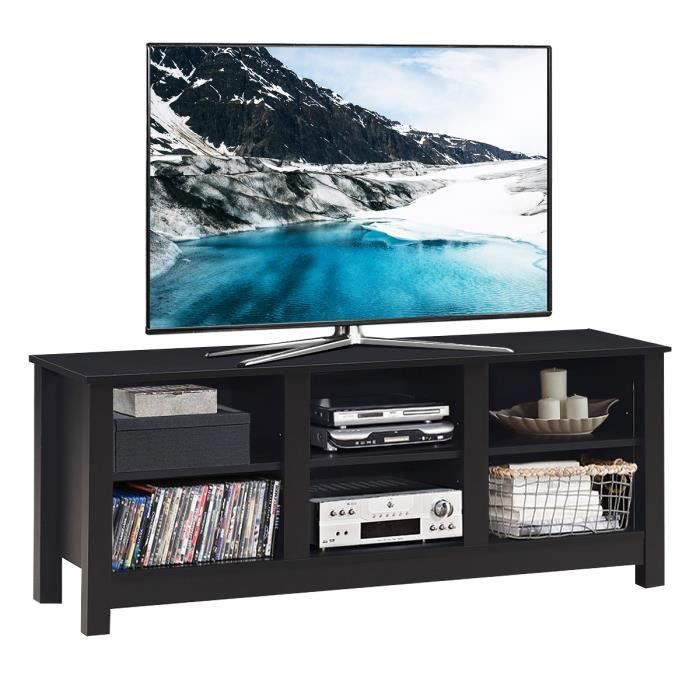 meuble/banc tv costway - noir - 135 x 39,5 x 54 cm - 2 étagères de rangement - 6 trous multimédias