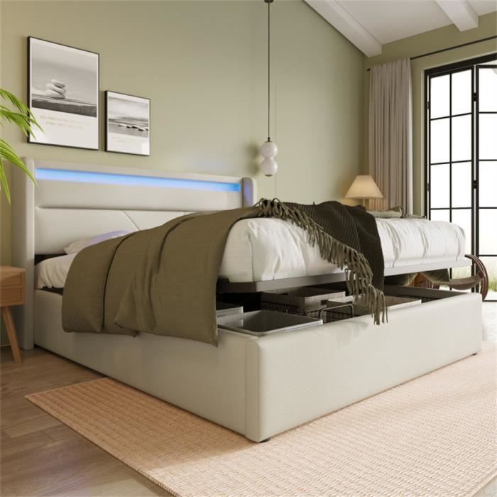 dripex hydraulique lit de rangement 140x200cm avec barre d'éclairage led,lit double adult avec tissu pu,coffre lit rangement,blanc