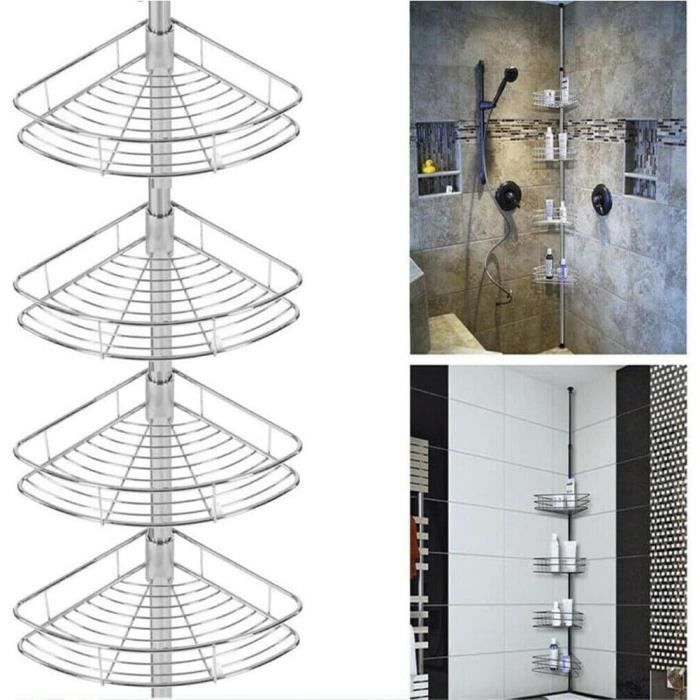 étagère salle de bain-étagère de douche-réglable en hauteur-télescopique d'angle de douche-4 niveaux-acier inoxydable-20x30x310cm