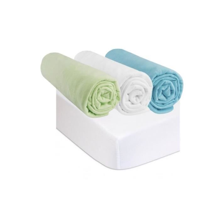 Drap housse 70x160 anis blanc turquoise (lot de 3) + 2 al&egrave;ses