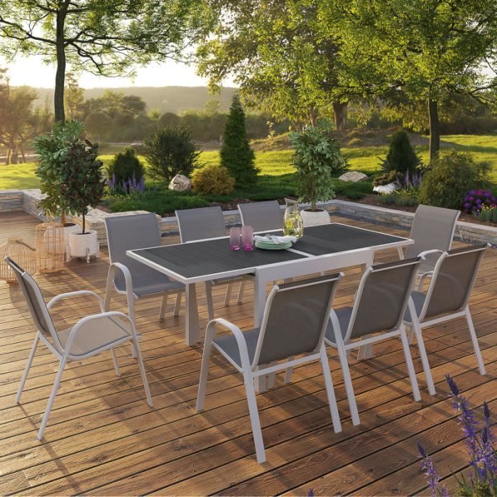 IDMARKET Salon de jardin POLY extensible table 90-180 CM et 8 chaises blanc et gris