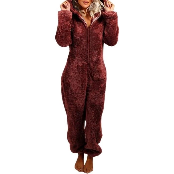 Combinaison Pyjama Femme Polaire Capuche Nuit Adulte Costume Chaud Loungewear Douce Onesie Sleepwear Jumpsuit Vin Rouge