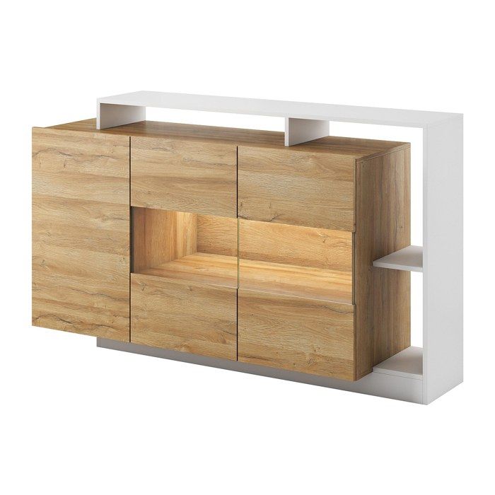 Buffet 3 portes et 3 niches avec LEDs - Coloris : Naturel et blanc - IDESIA