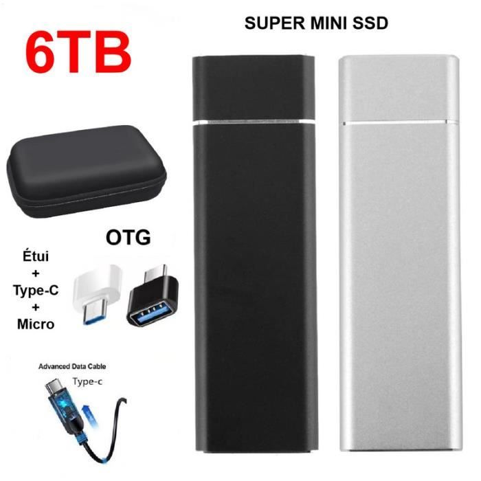 Disque Dur Externe SSD Portable 6TB 6To Argent avec OTG + Étui Housse Sac de Protection HDD pour PC Ordinateur Téléphone Mobile
