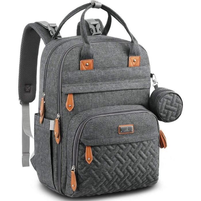 Sac à Dos à Langer avec Matelas à Langer pour Bébé – Grande Capacité Sac à Couches Multifonction Imperméable-gris foncé