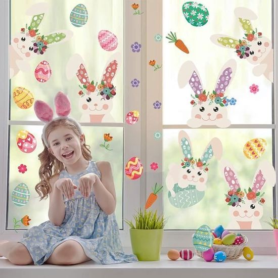 Autocollants Fenêtre Pâques Réutilisables GOMANCHE - Œufs, Lapins, Double Face, 9 Feuilles Autocollants Double Face Enfants
