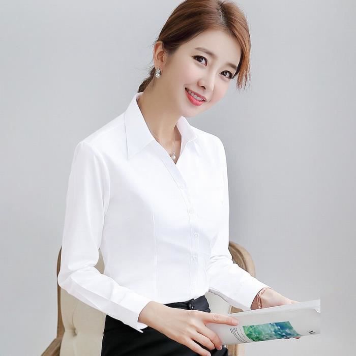 Chemise blanche femme en coton à manches longues chemise d'affaires mince  Confort anti-rides XXS-4XL