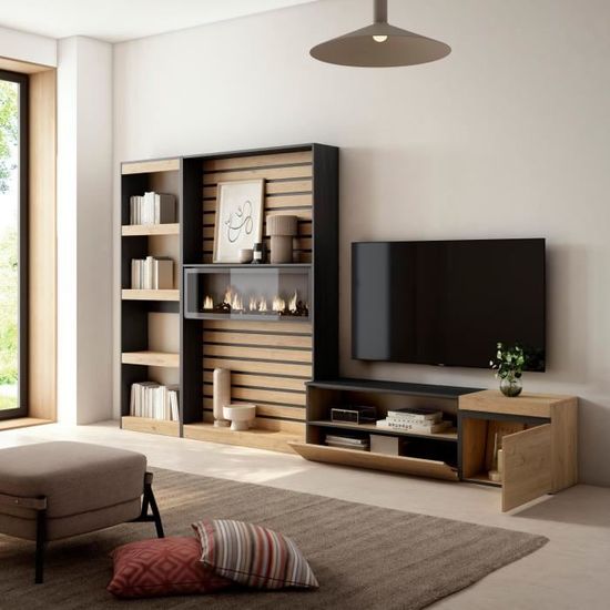 Meuble TV cheminée design décoratif laqué blanc Meribel - GdeGdesign