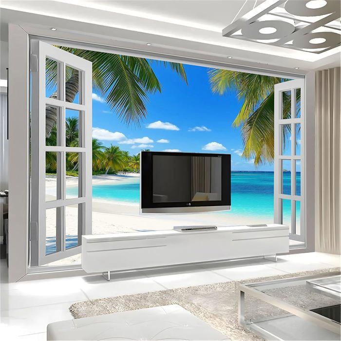 Papier Peint Mural Chambre Plage Tropicale Fenêtre Sable Palmiers ...