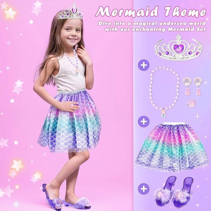 NINAOR Ensemble de bijoux pour déguisement de princesse avec accessoires de jeu de rôle avec chaussures, couronnes, bracelets, bague, collier, boucles d 'oreilles, baguette étoilée et sac, 19 pièces