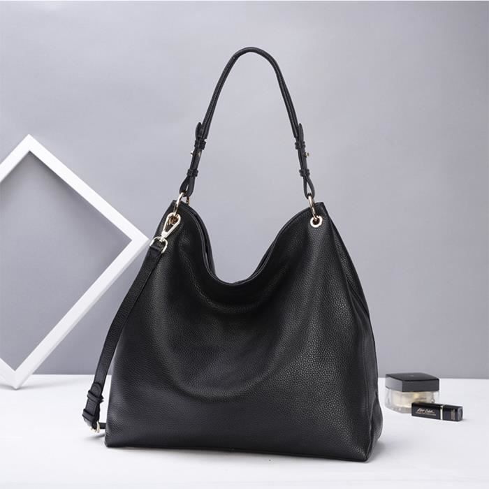 Sac à Main Quenchy London En Cuir Véritable Noir - Grand Modèle Bandoulière Latérale Réglable