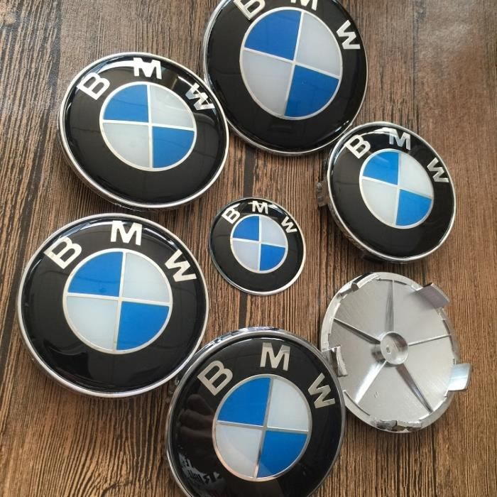 Logo BMW Badge Capot 82mm+ Coffre 74mm +Volant + 4 x cache moyeu