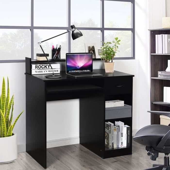 Costway bureau informatique avec tiroir et support pc, bureau d'ordinateur  en mdf avec étagère de rangement à 2 niveaux, table de travail pour  ordinateur, 102 x 50 x 82 cm (noir) - Conforama
