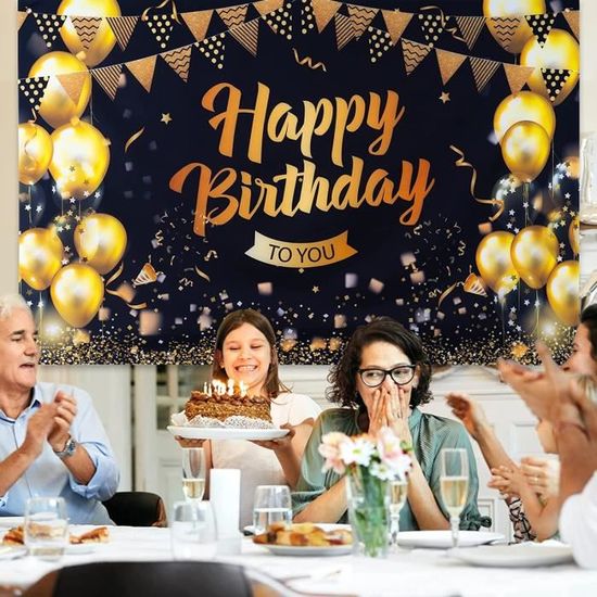 Bannière Joyeux Anniversaire G2PLUS - Toile Fond Noir Et Or 180x110 Cm