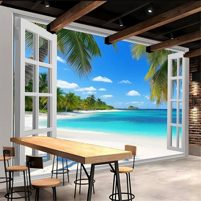 Papier Peint Mural Chambre Plage Tropicale Fenêtre Sable Palmiers ...