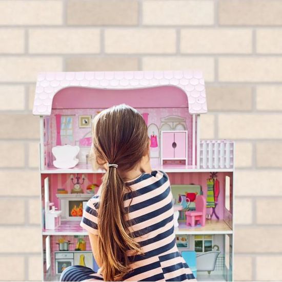 Grande Maison De Poupée Rose En Bois LARS360 – 3 étages, Meubles Inclus, Jeu D'imitation Pour Filles Dès 3 Ans