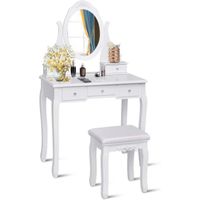 Coiffeuse, Table de Maquillage en Bois avec Miroir , 5 Tiroirs, Confortable Tabouret 80 x 40 x 141 cm Blanc