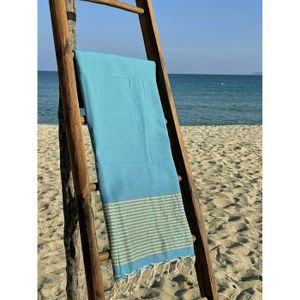 Fouta Tunisienne - Serviette De Plage Légère En Coton 100x200cm - Turquoise Traditionnelle | Plaid, Drap De Hammam, Nappe