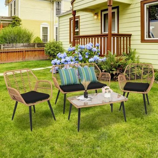 Ensemble table et chaise de jardin Salon de jardin en résine tressée 4 places Jaune ,