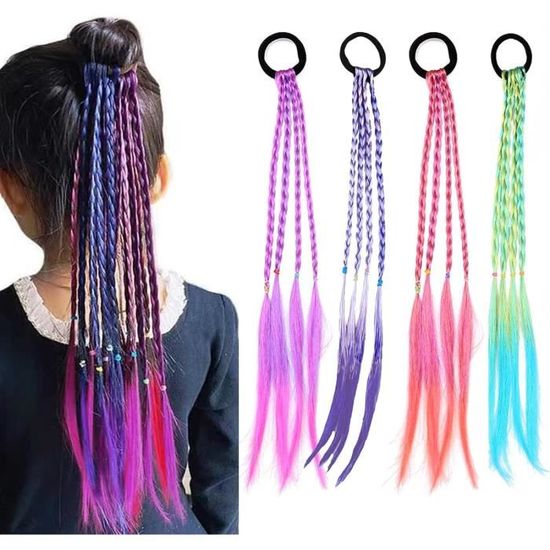 Lot de 16 mèches de cheveux colorées pour enfants, cheveux tressés colorés avec bande élastique, 10 mini clips, dégradé de couleur pour filles, postiche de cheveux pour fête, festival