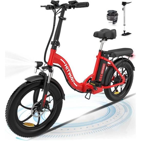 HITWAY Vélo Électrique 20" - E-Bike Adulte Pliable - Batterie 36V/11.2Ah - Moteur 250W - Portée 35-90km - Shimano 7 Vitesses - Rouge