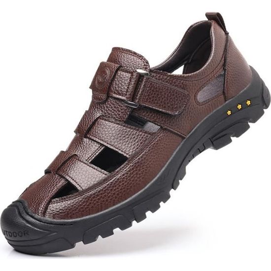 Sandales Homme En Cuir - Bout Fermé, Semelle Antidérapante - Pour Randonnée, Plage, Voyage - Respirant Et Confortable - 11