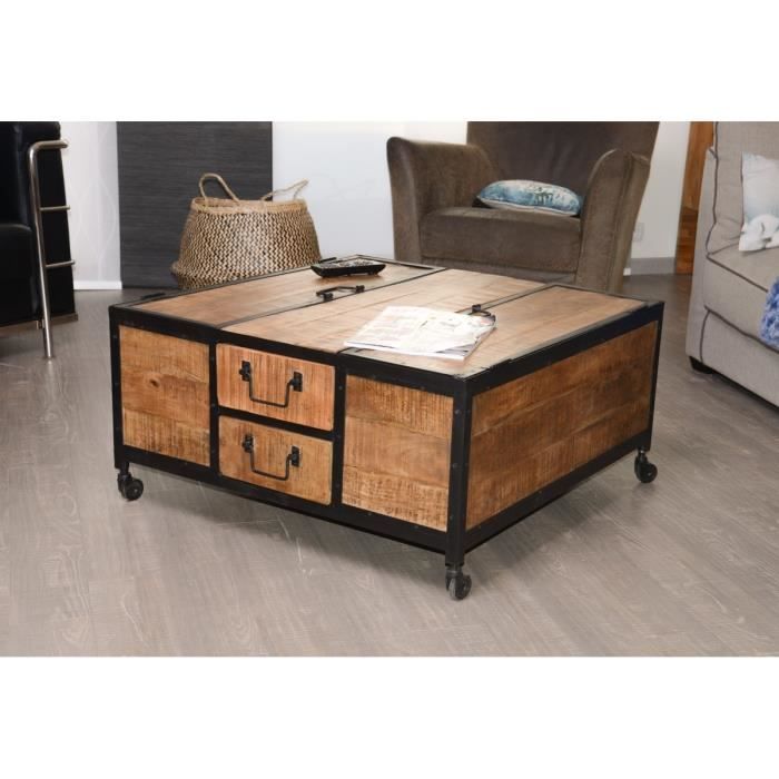 Table basse carré en métal et bois coffre 'Atelier' Meuble House Noir