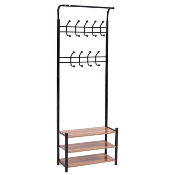 MSTORE - Portemanteau avec rangement chaussures portant penderie couloir/chambre/dressing - 3 tablettes - 9 crochets doubles -