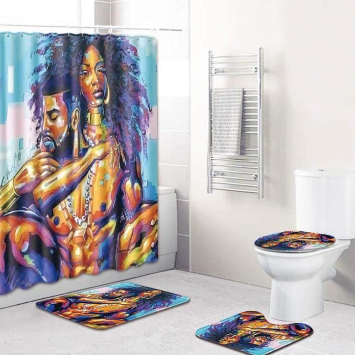 vneirw 4PCS Ensemble Étanche Graffiti Roi Amoureux Afro-Américains Couple Rideau De Douche Crochets Gratuits Reine Coloré Rideaux De