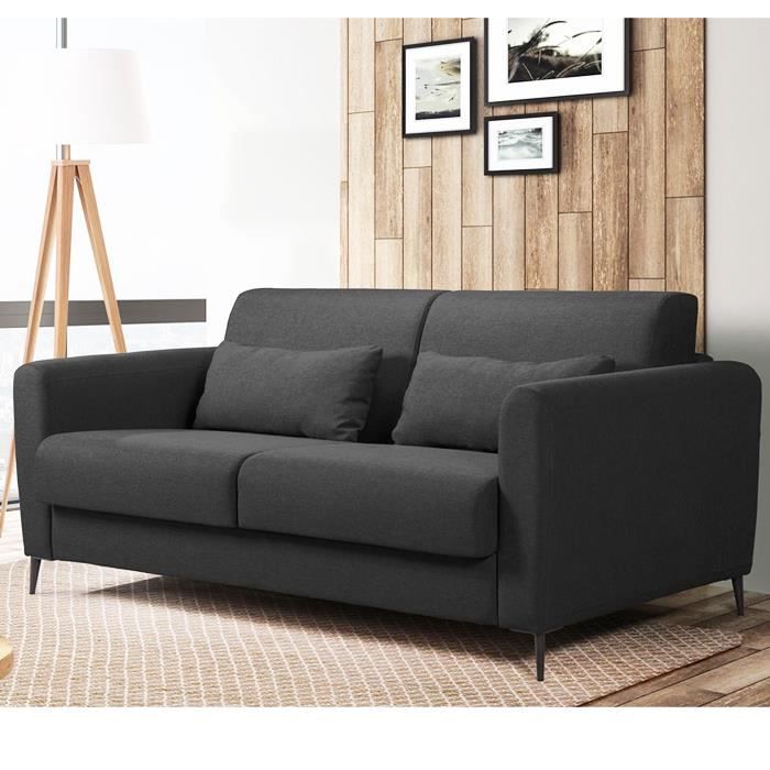 Canapé 3 places convertible en tissu gris anthracite Boston - Ouverture express - Couchage quotidien 2 personnes - Pieds en méta